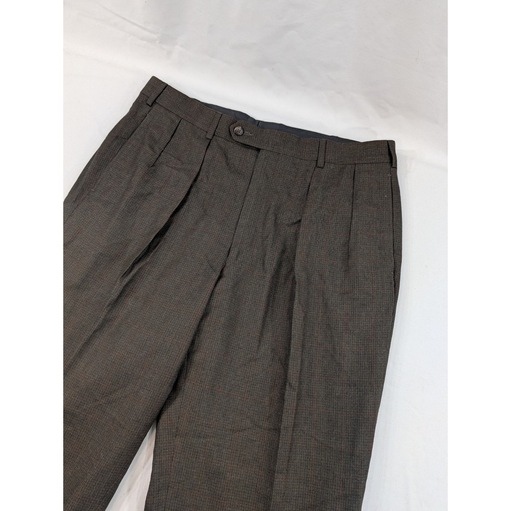 Harold Powell 36x30 100% Wool Brown Red Trousers Pleated Cuffed Glenn Check